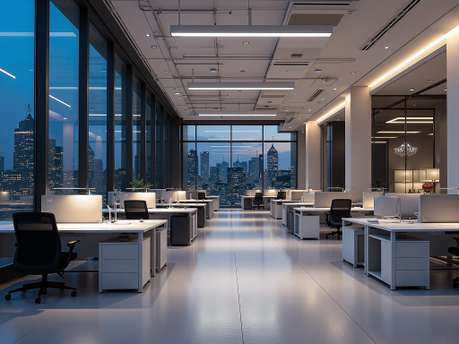 现代开放式办公空间，宽敞明亮的工作区域，玻璃隔断，简洁白色家具，商务人士正在工作，暖色灯光营造舒适氛围